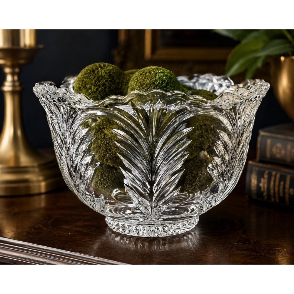 Vintage Fifth Avenue Crystal Bowl: Scalloped Leaf Cut Lead Crystal Centerpiece